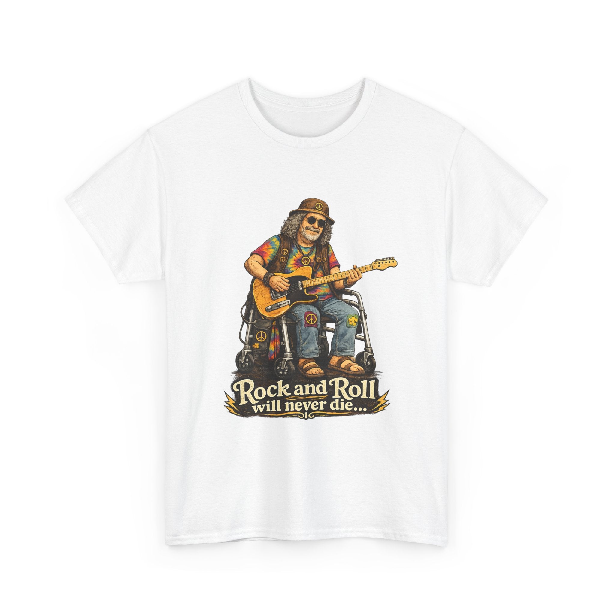 Rock and Roll Will Never Die T-Shirt — Vintage Guitarist Band Tee