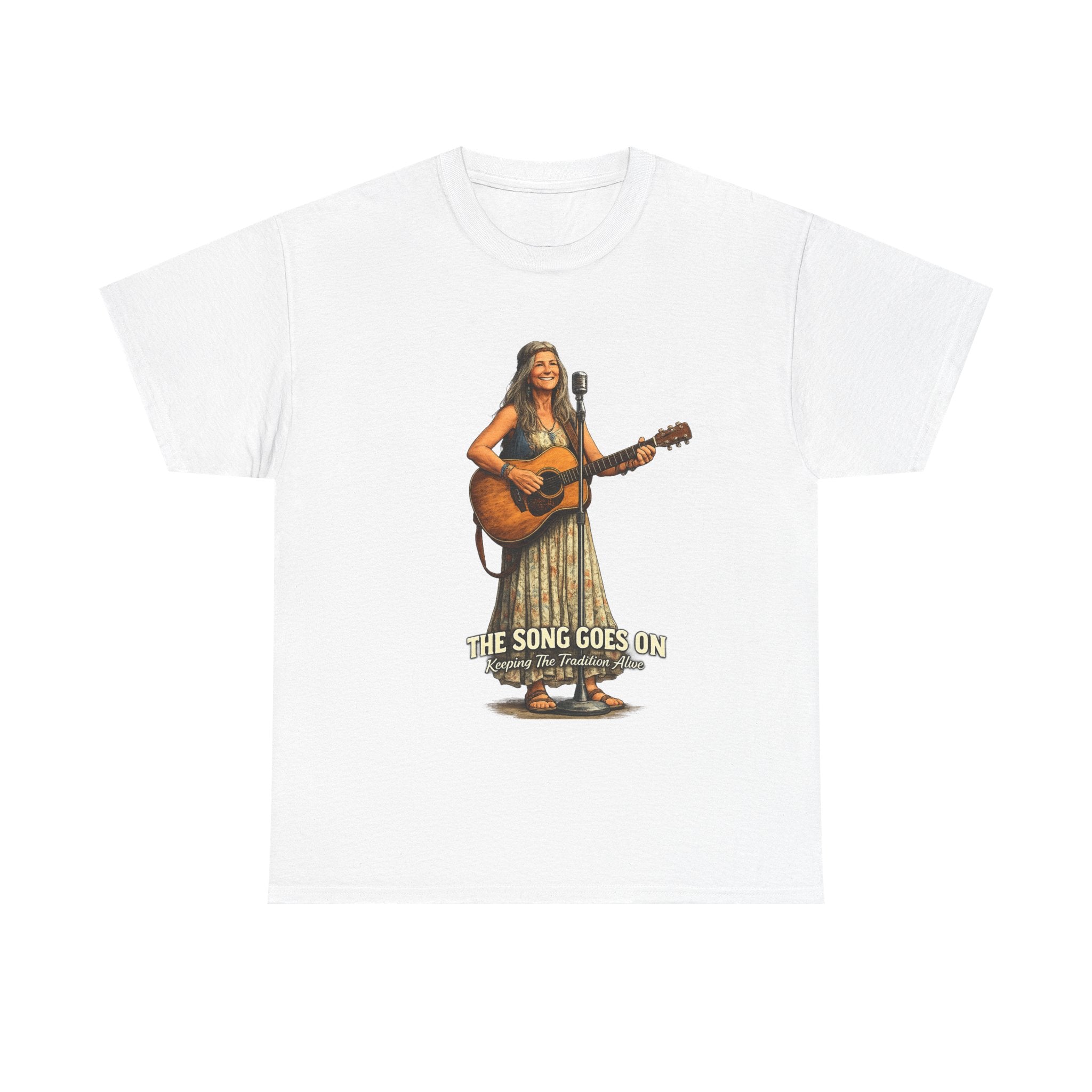 Female Folk Guitarist Playing Acoustic The Song Goes On T-Shirt | Musician Tee