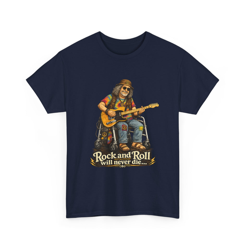 Rock and Roll Will Never Die T-Shirt — Vintage Guitarist Band Tee