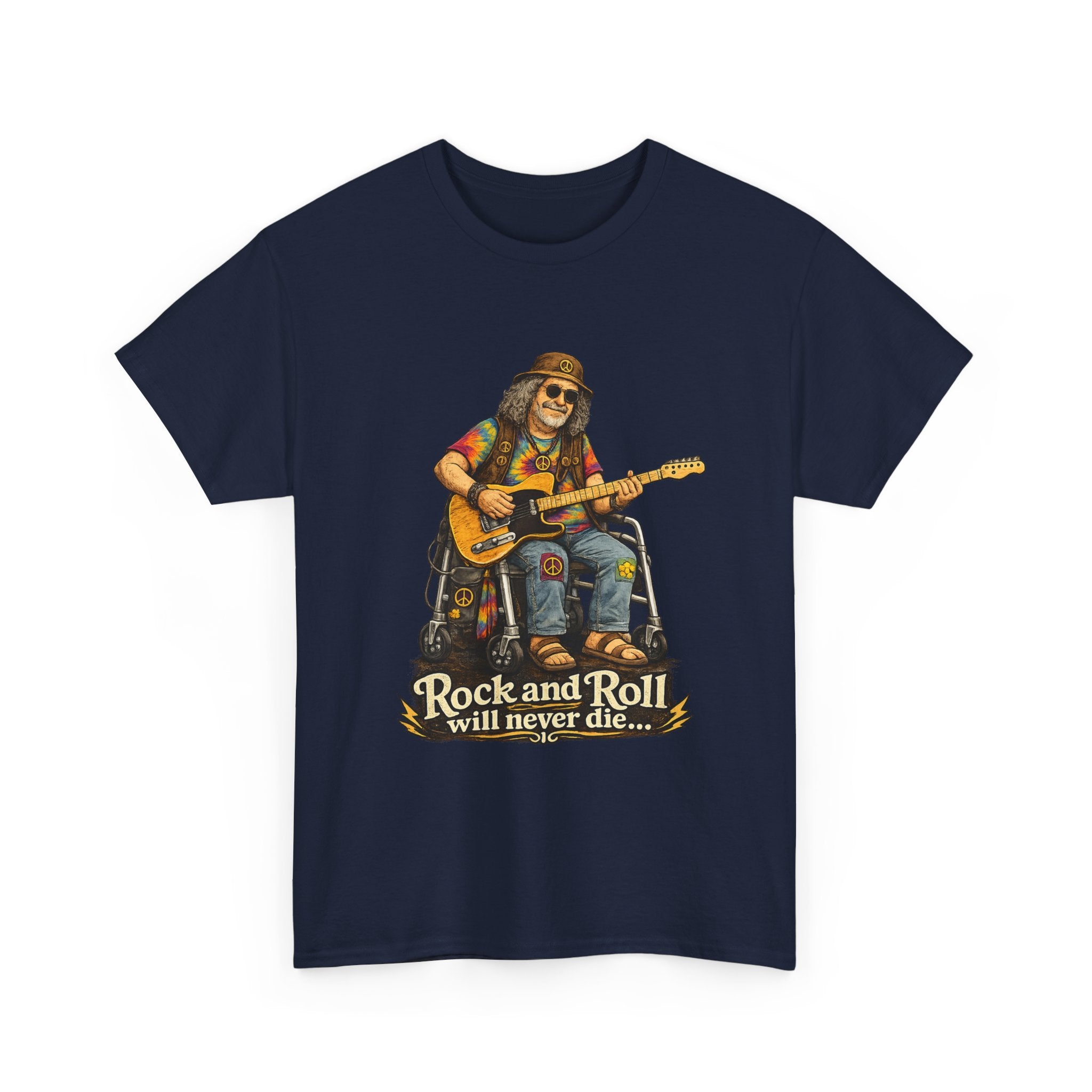 Rock and Roll Will Never Die T-Shirt — Vintage Guitarist Band Tee