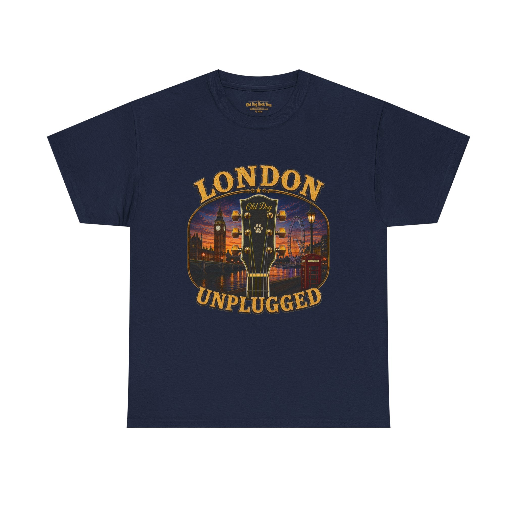 London Unplugged guitar graphic Tee | Big Ben skyline, acoustic music design