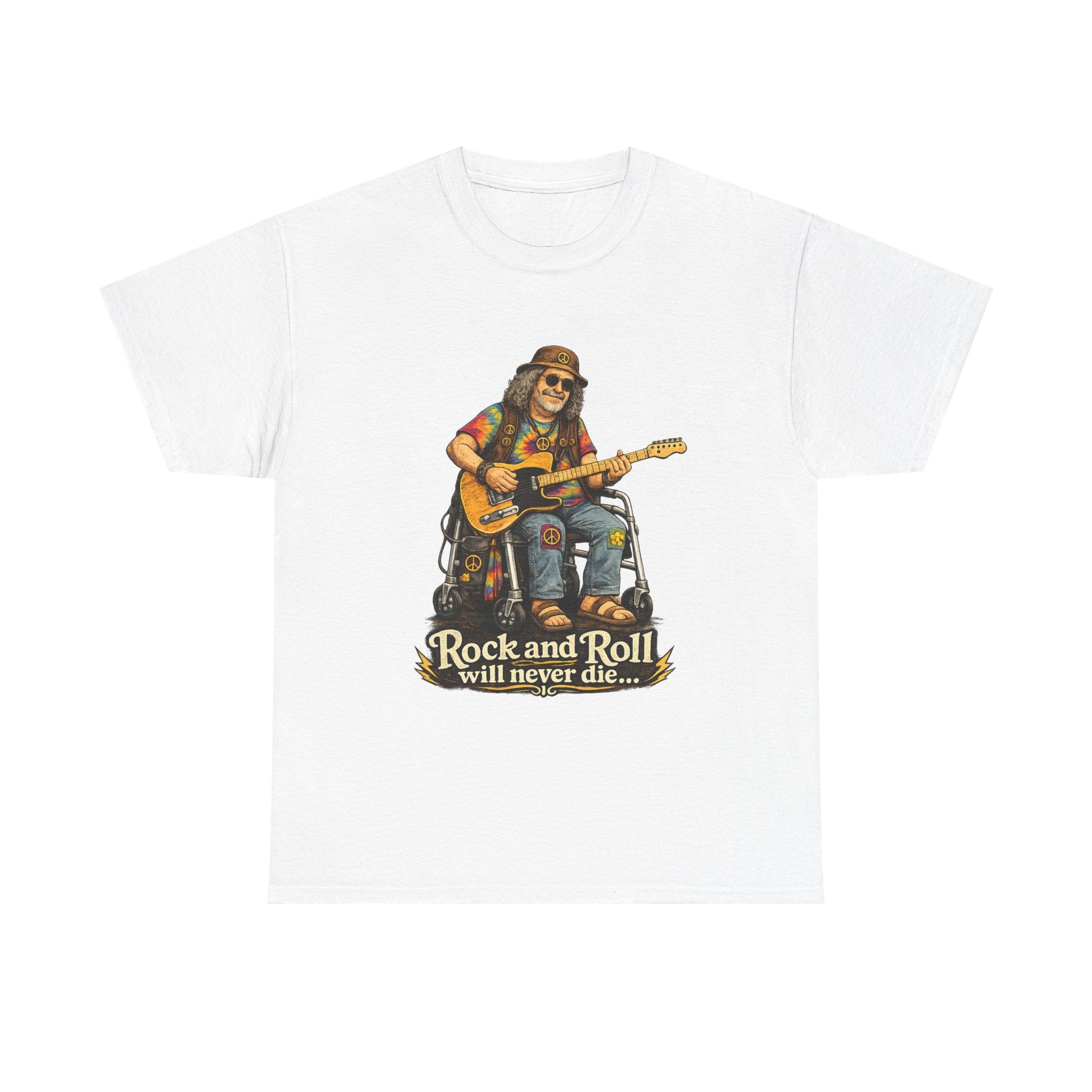 Rock and Roll Will Never Die T-Shirt — Vintage Guitarist Band Tee