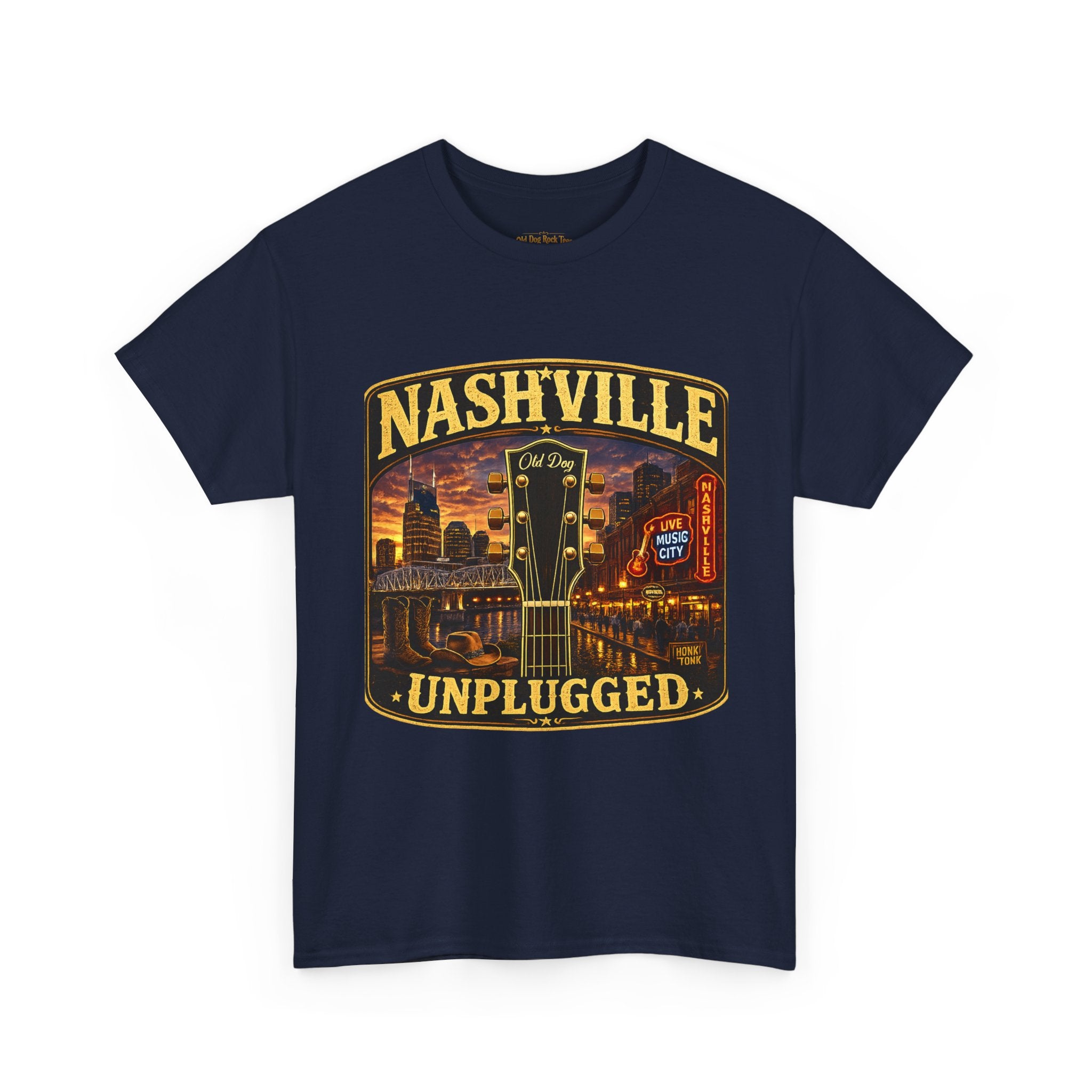 Nashville Unplugged T-Shirt — Vintage Music City Guitar Skyline Tee