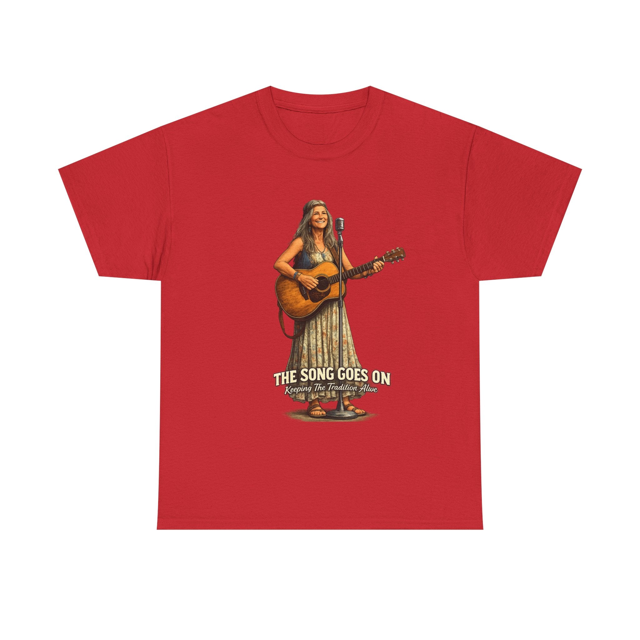 Female Folk Guitarist Playing Acoustic The Song Goes On T-Shirt | Musician Tee
