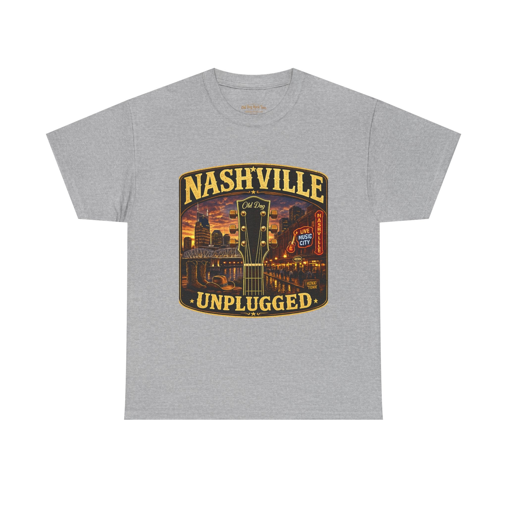 Nashville Unplugged T-Shirt — Vintage Music City Guitar Skyline Tee