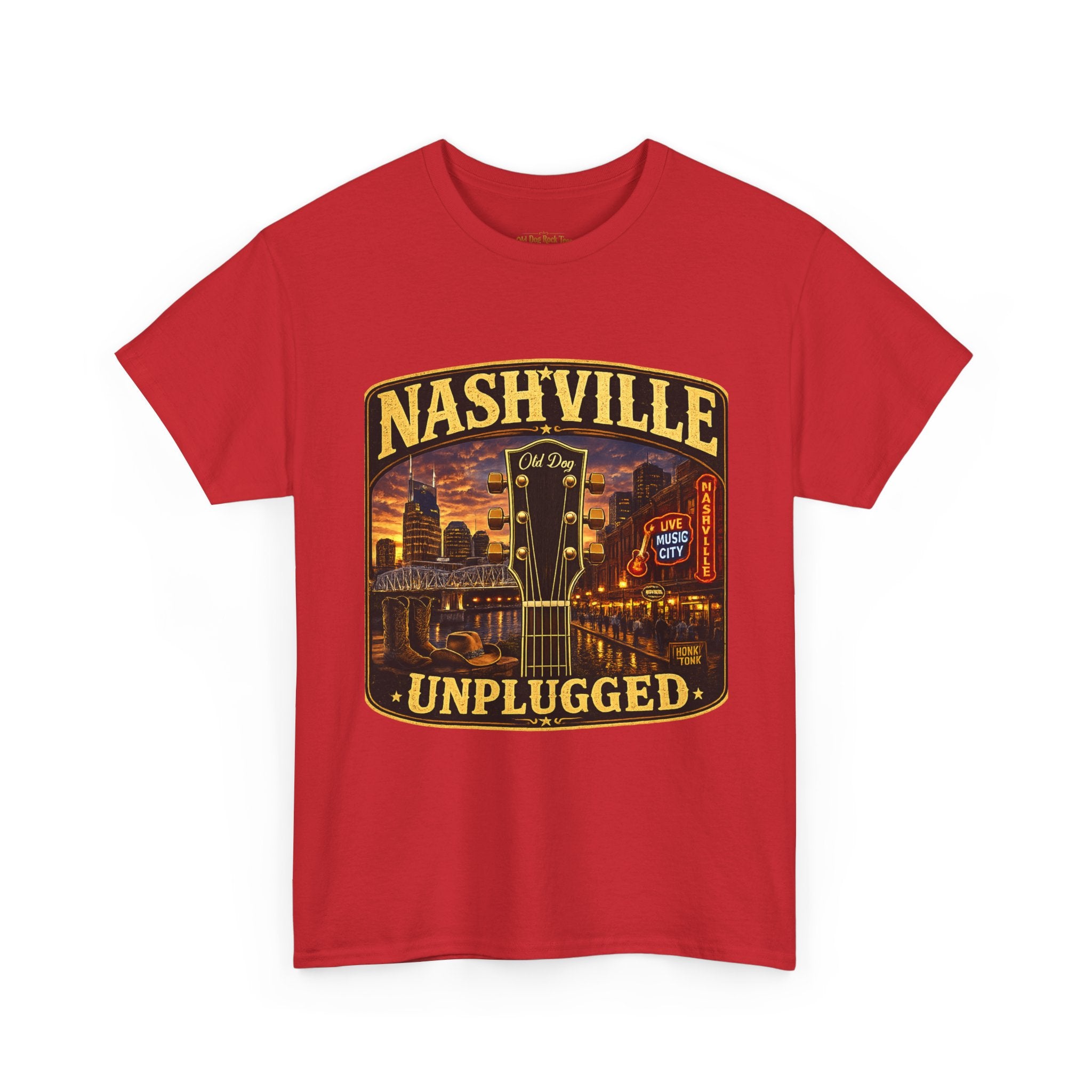 Nashville Unplugged T-Shirt — Vintage Music City Guitar Skyline Tee