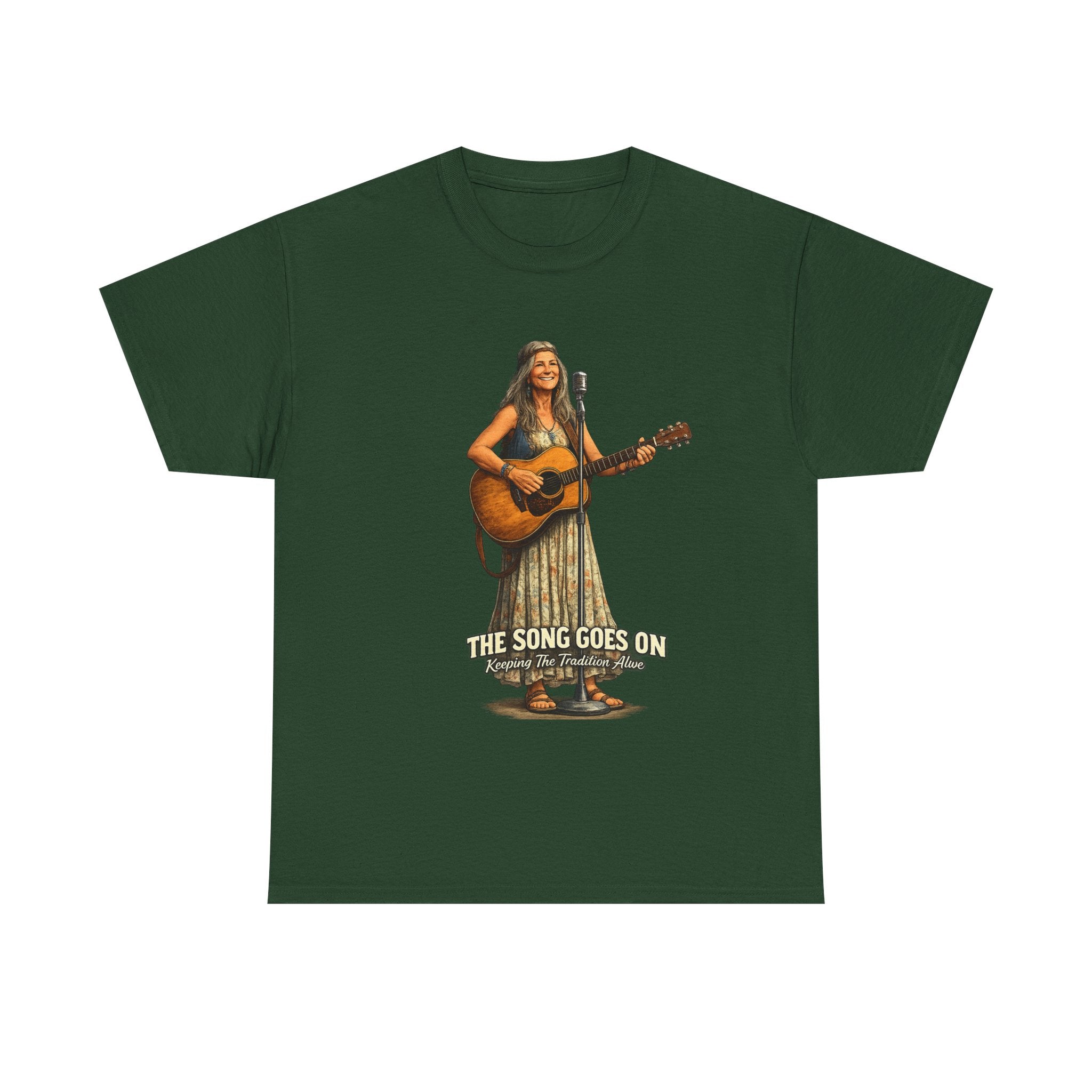 Female Folk Guitarist Playing Acoustic The Song Goes On T-Shirt | Musician Tee