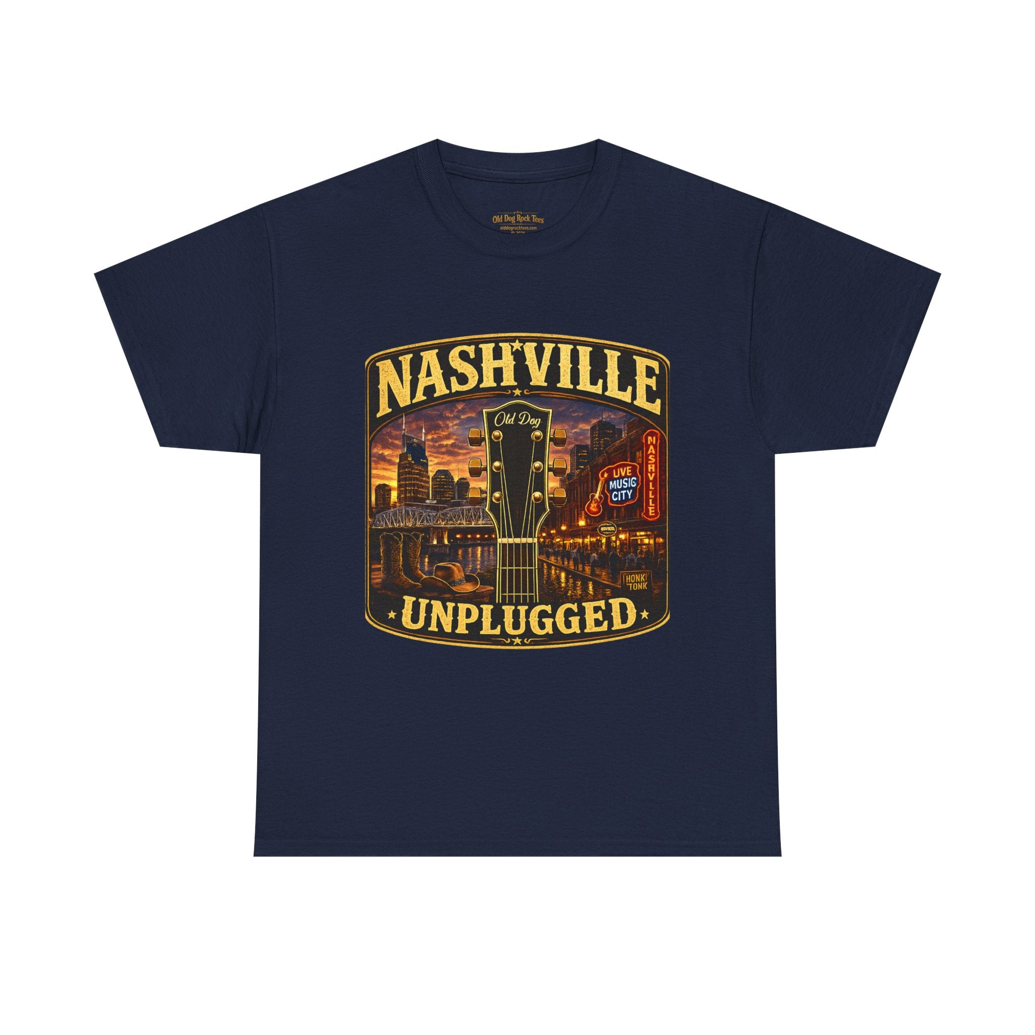 Nashville Unplugged T-Shirt — Vintage Music City Guitar Skyline Tee
