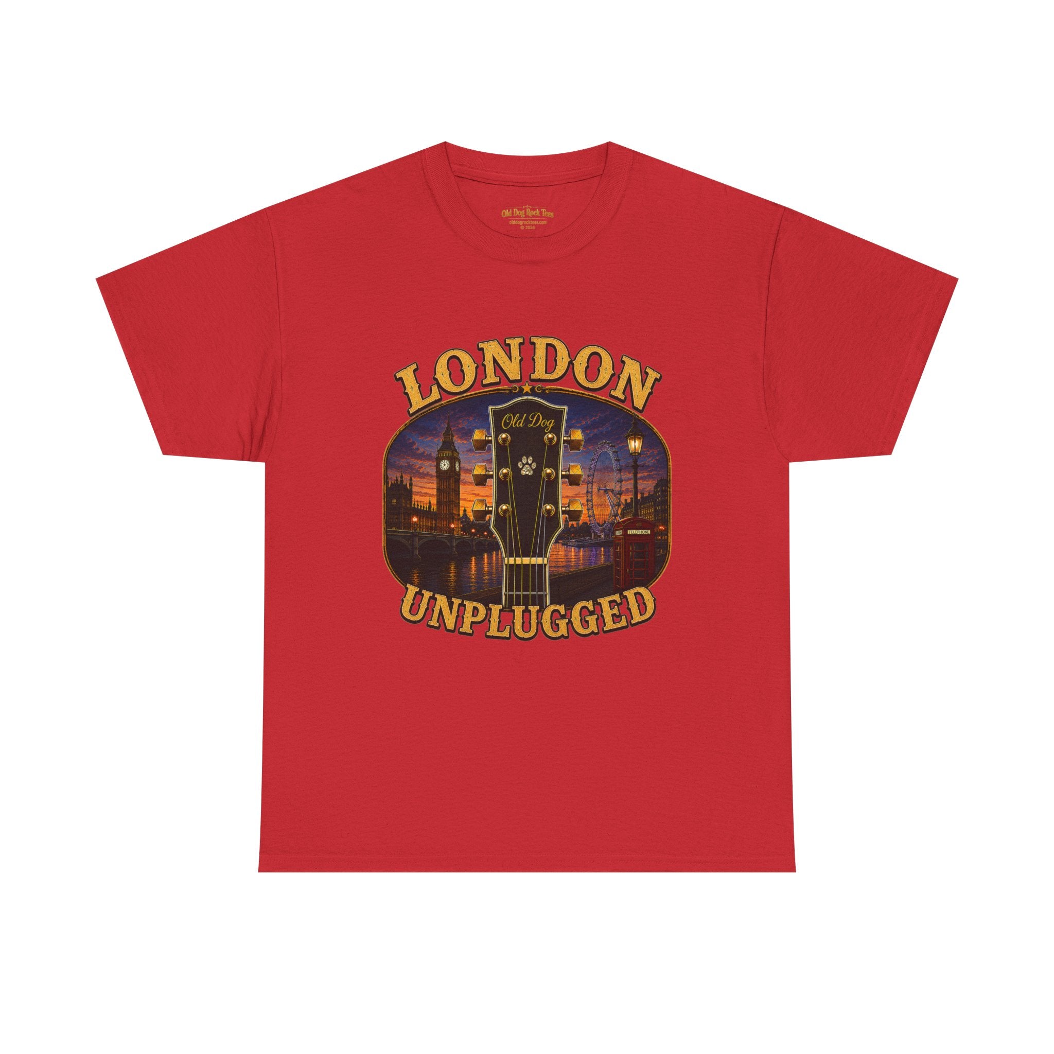London Unplugged guitar graphic Tee | Big Ben skyline, acoustic music design