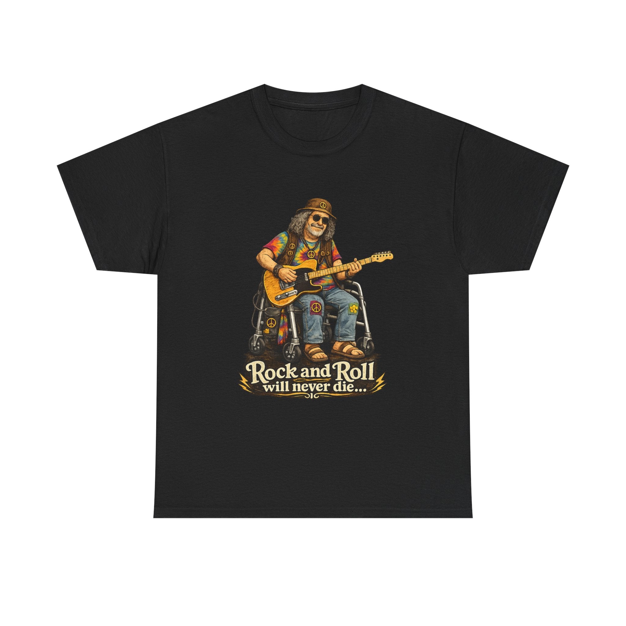 Rock and Roll Will Never Die T-Shirt — Vintage Guitarist Band Tee