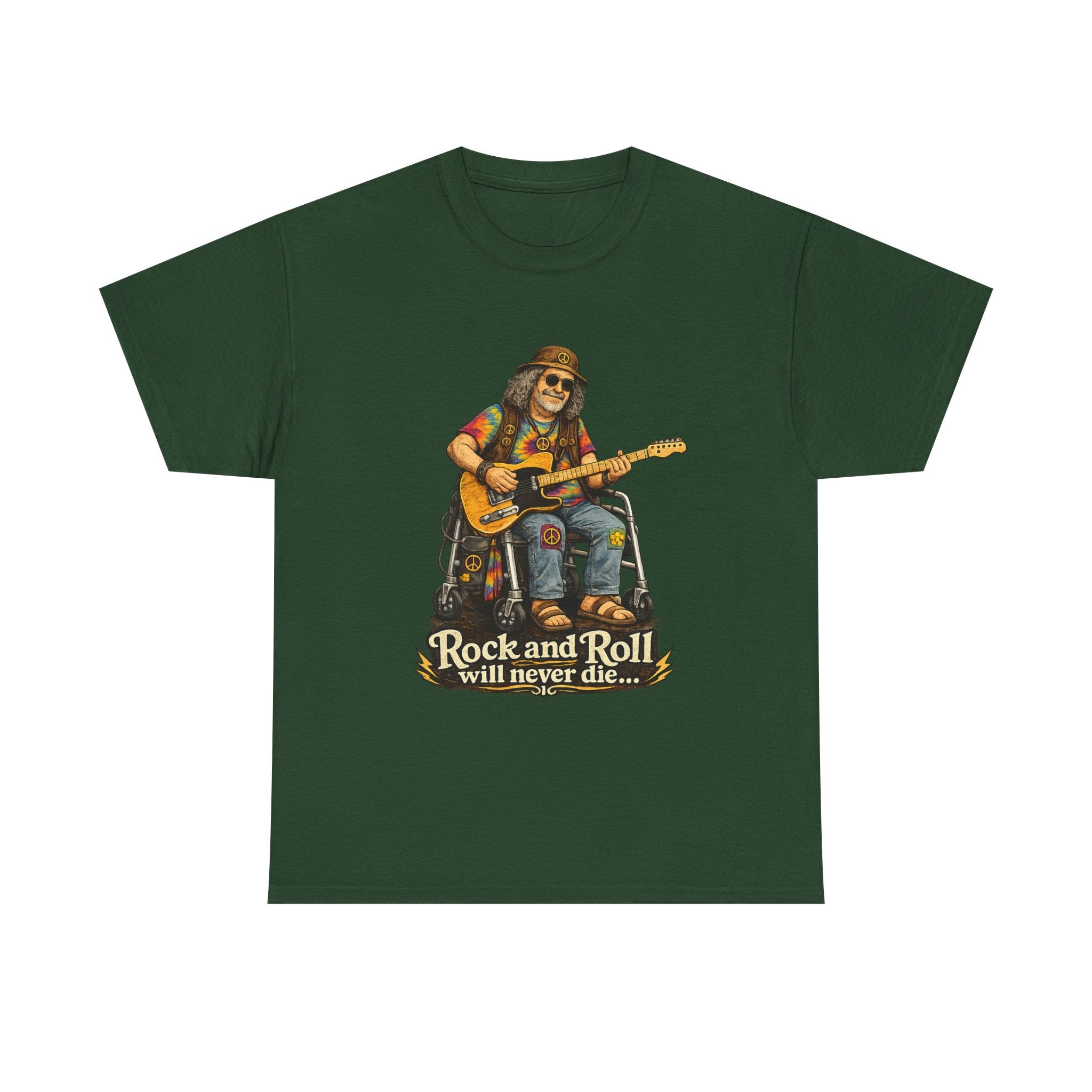 Rock and Roll Will Never Die T-Shirt — Vintage Guitarist Band Tee