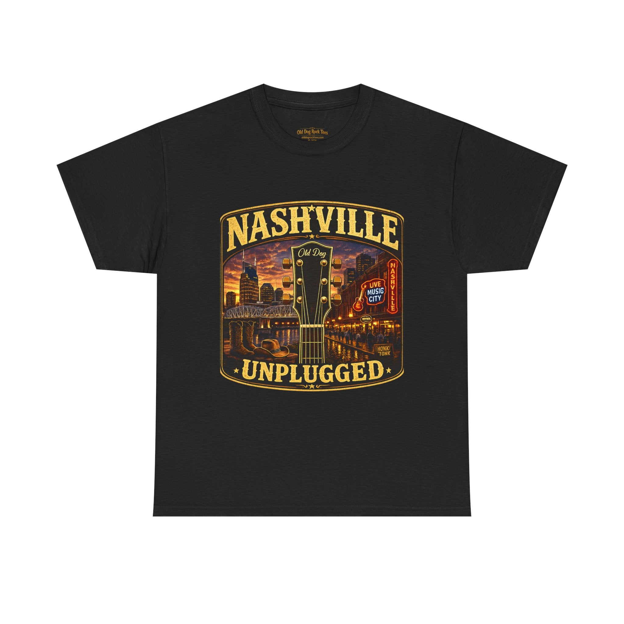 Nashville Unplugged T-Shirt — Vintage Music City Guitar Skyline Tee