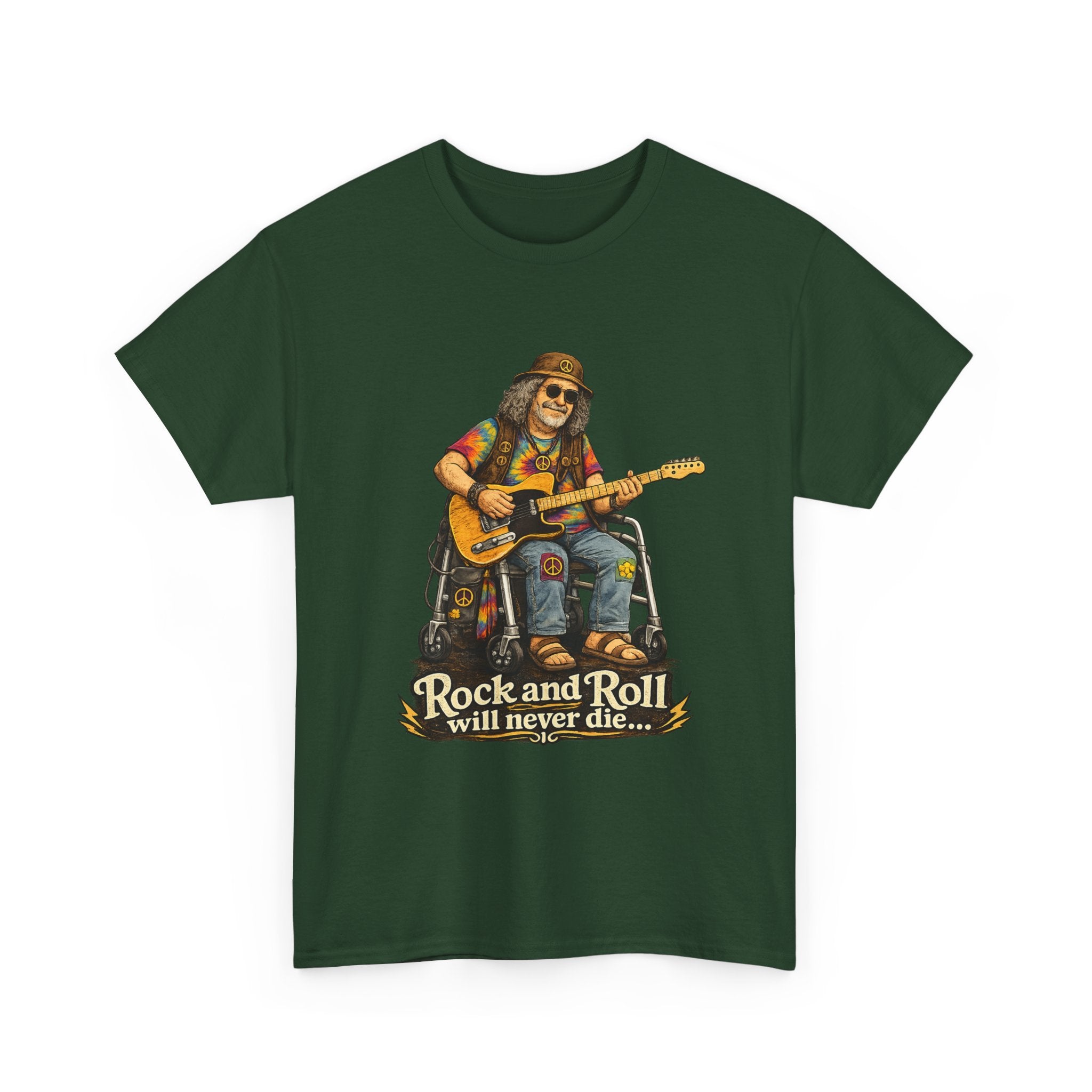 Rock and Roll Will Never Die T-Shirt — Vintage Guitarist Band Tee