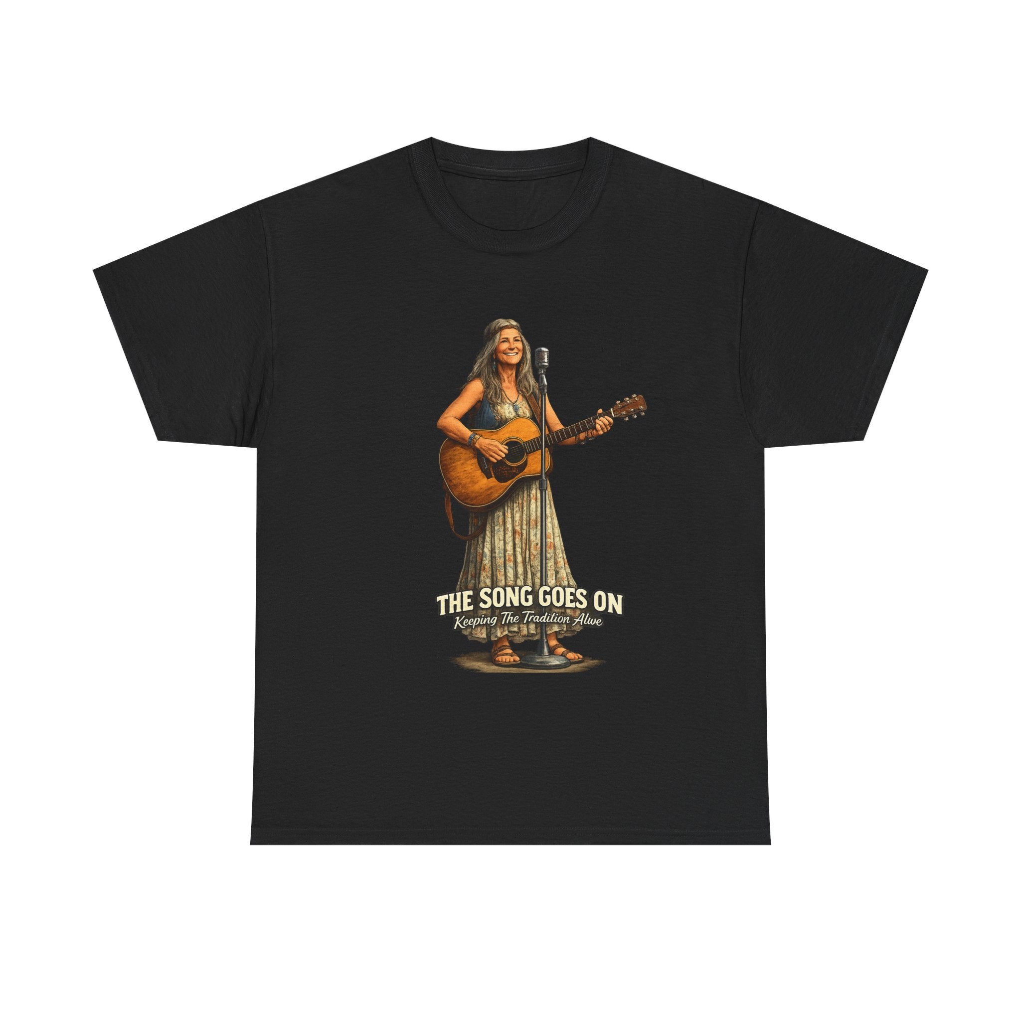Female Folk Guitarist Playing Acoustic The Song Goes On T-Shirt | Musician Tee