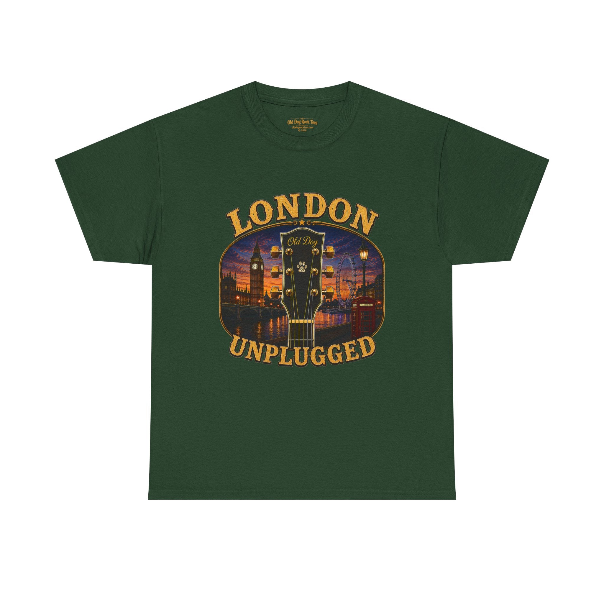 London Unplugged guitar graphic Tee | Big Ben skyline, acoustic music design