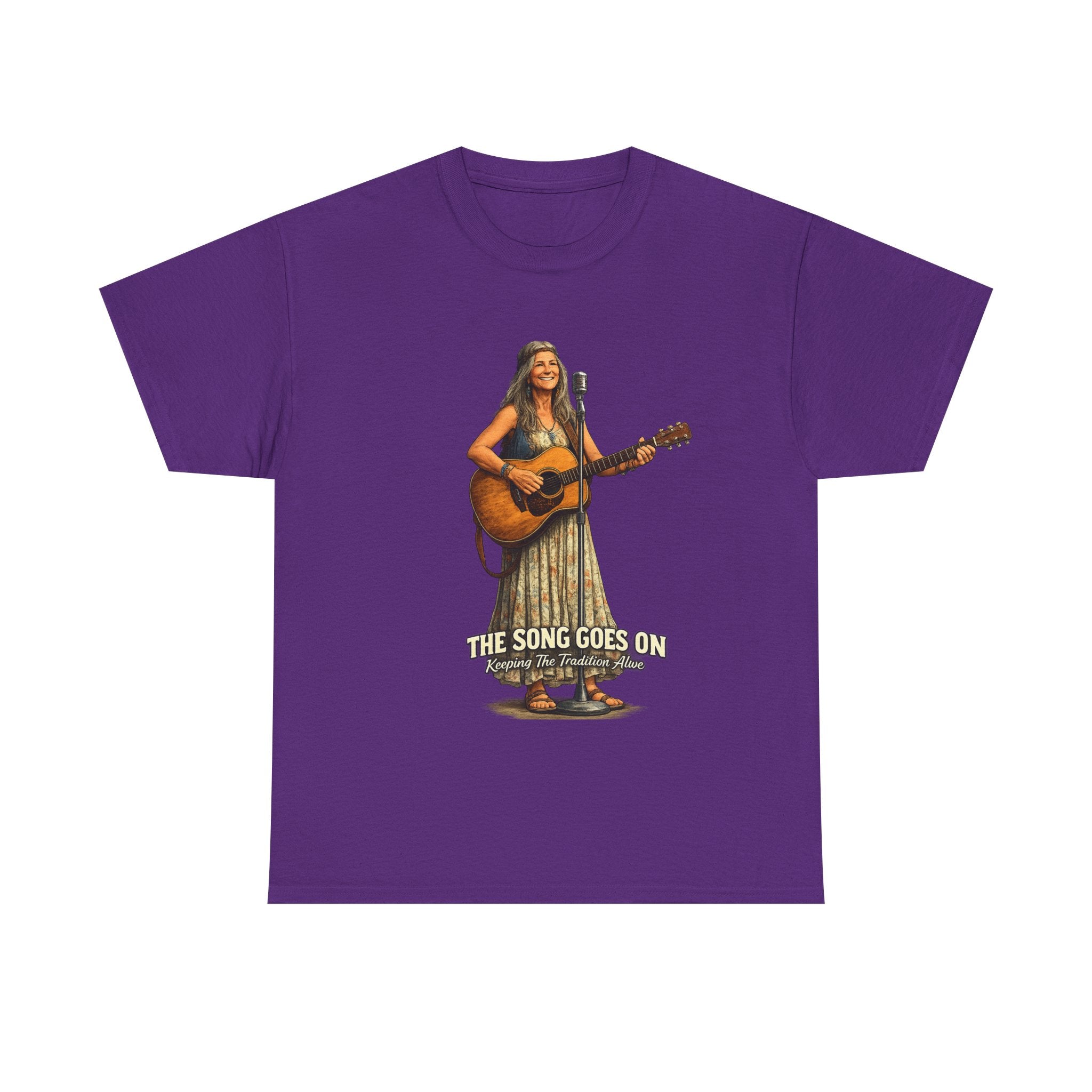 Female Folk Guitarist Playing Acoustic The Song Goes On T-Shirt | Musician Tee