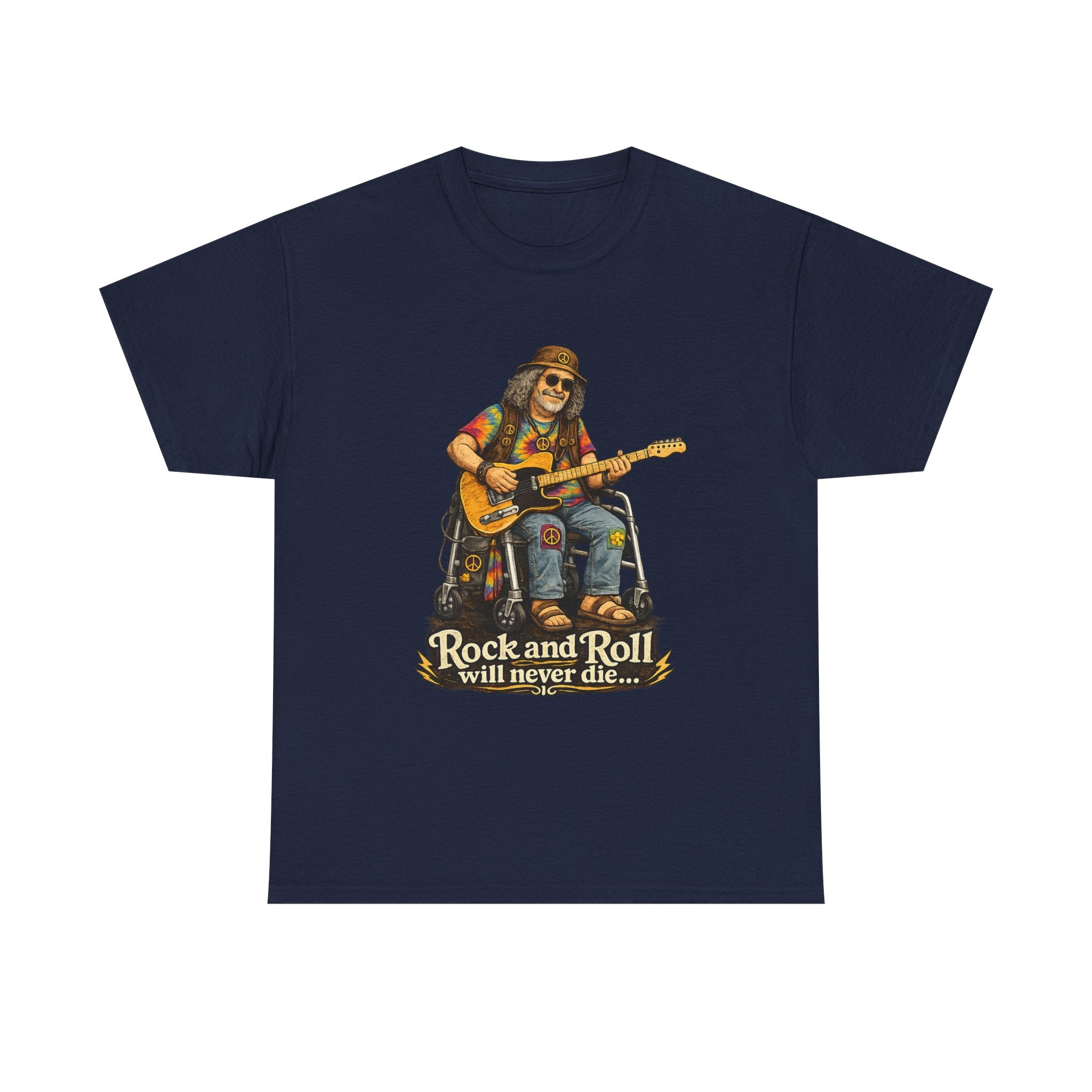 Rock and Roll Will Never Die T-Shirt — Vintage Guitarist Band Tee