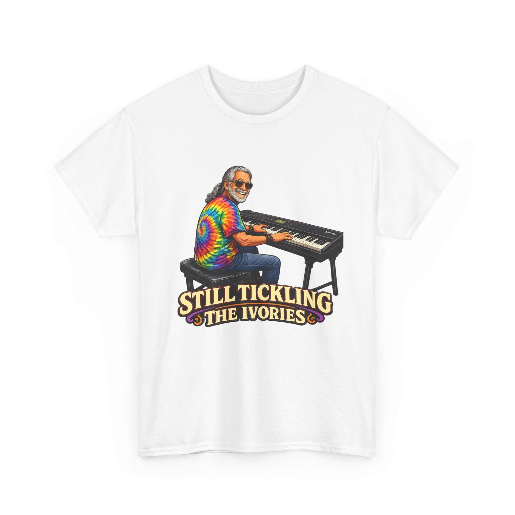 Still Tickling the Ivories T-Shirt — Retro Tie-Dye Keyboard Player Tee