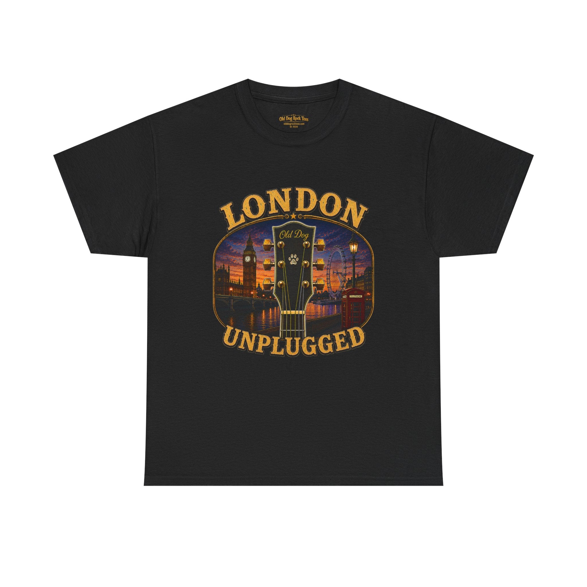 London Unplugged guitar graphic Tee | Big Ben skyline, acoustic music design