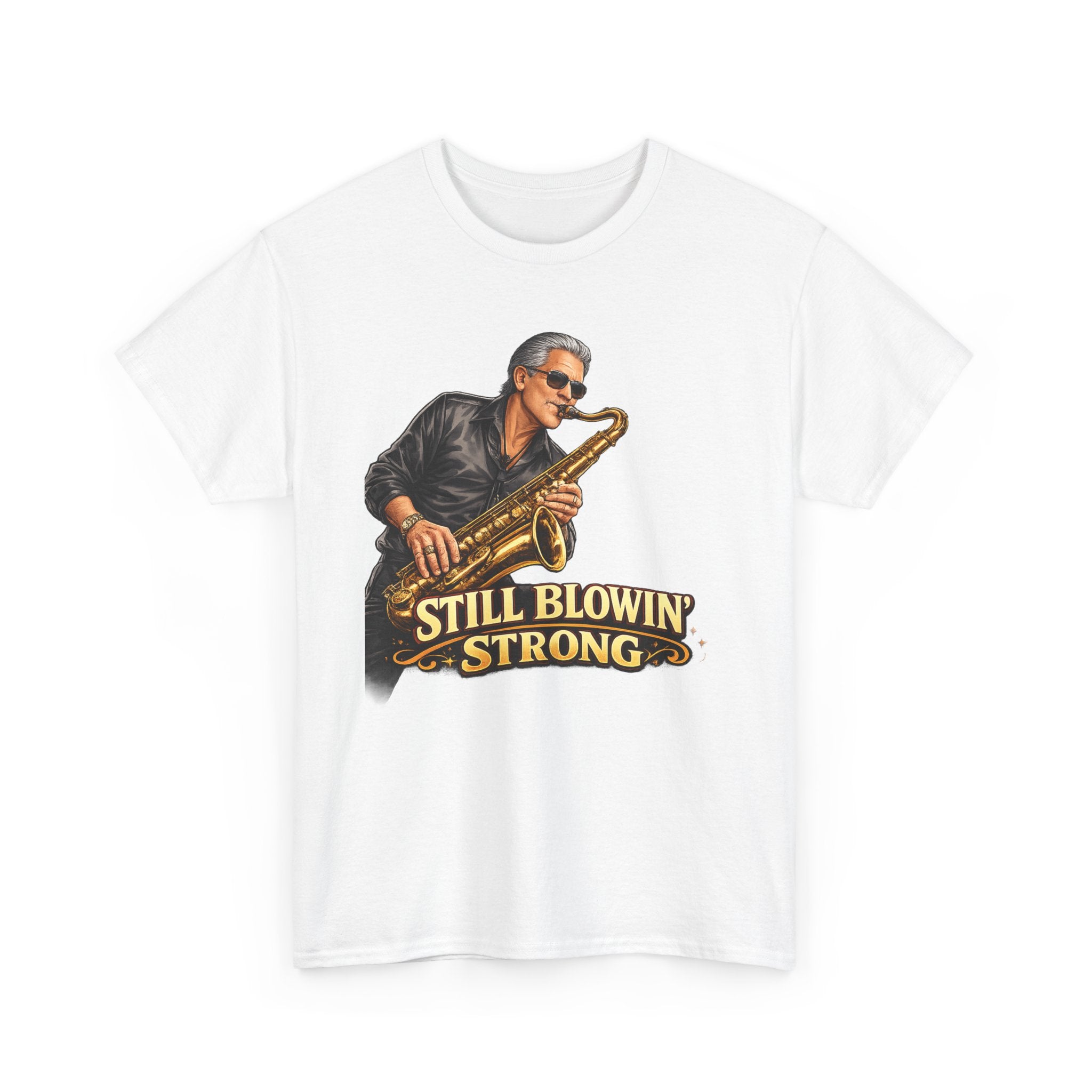 Saxophone Tee — “Still Blowin' Strong” Vintage Jazz Music T-Shirt