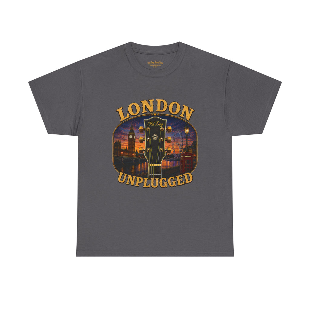 London Unplugged guitar graphic Tee | Big Ben skyline, acoustic music design