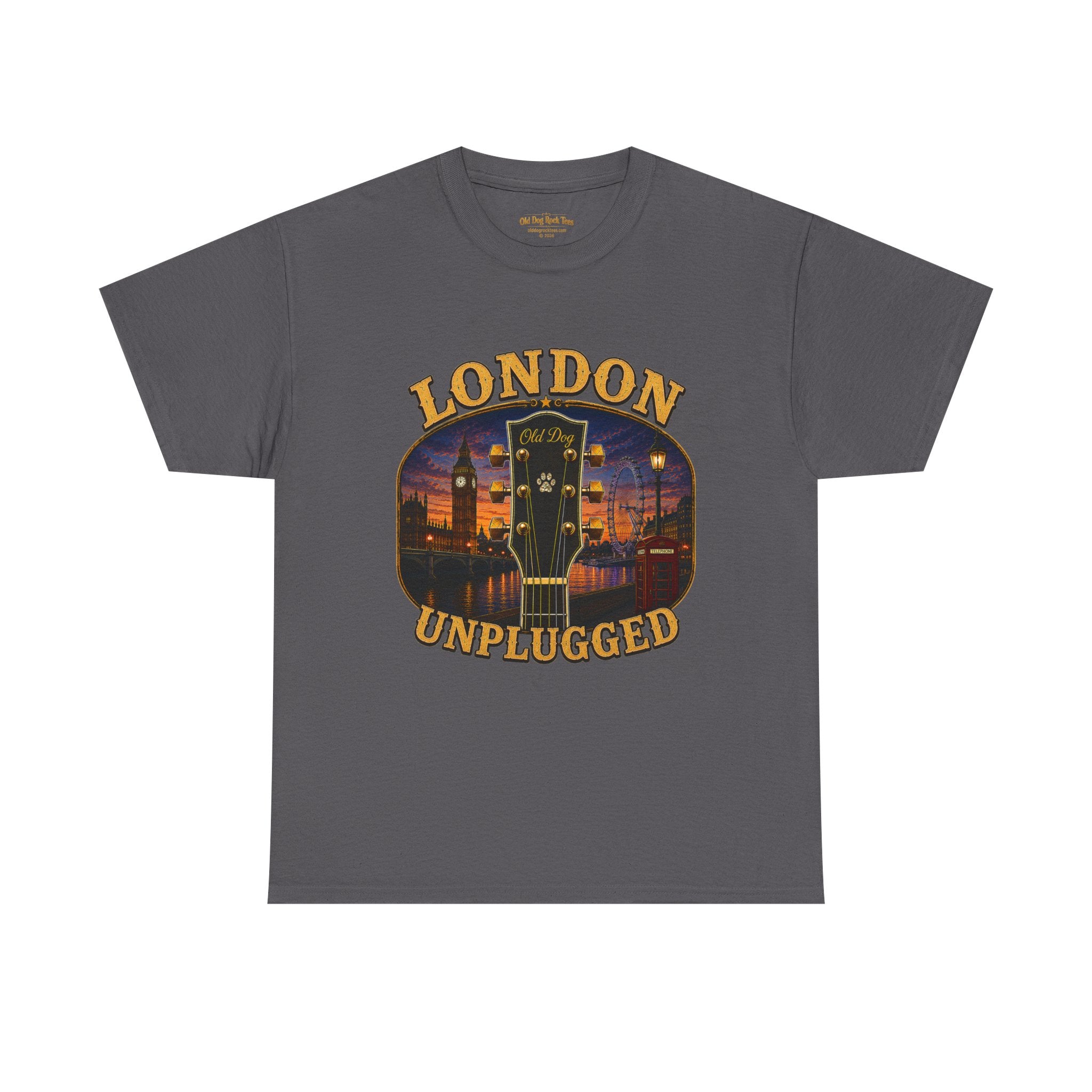 London Unplugged guitar graphic Tee | Big Ben skyline, acoustic music design