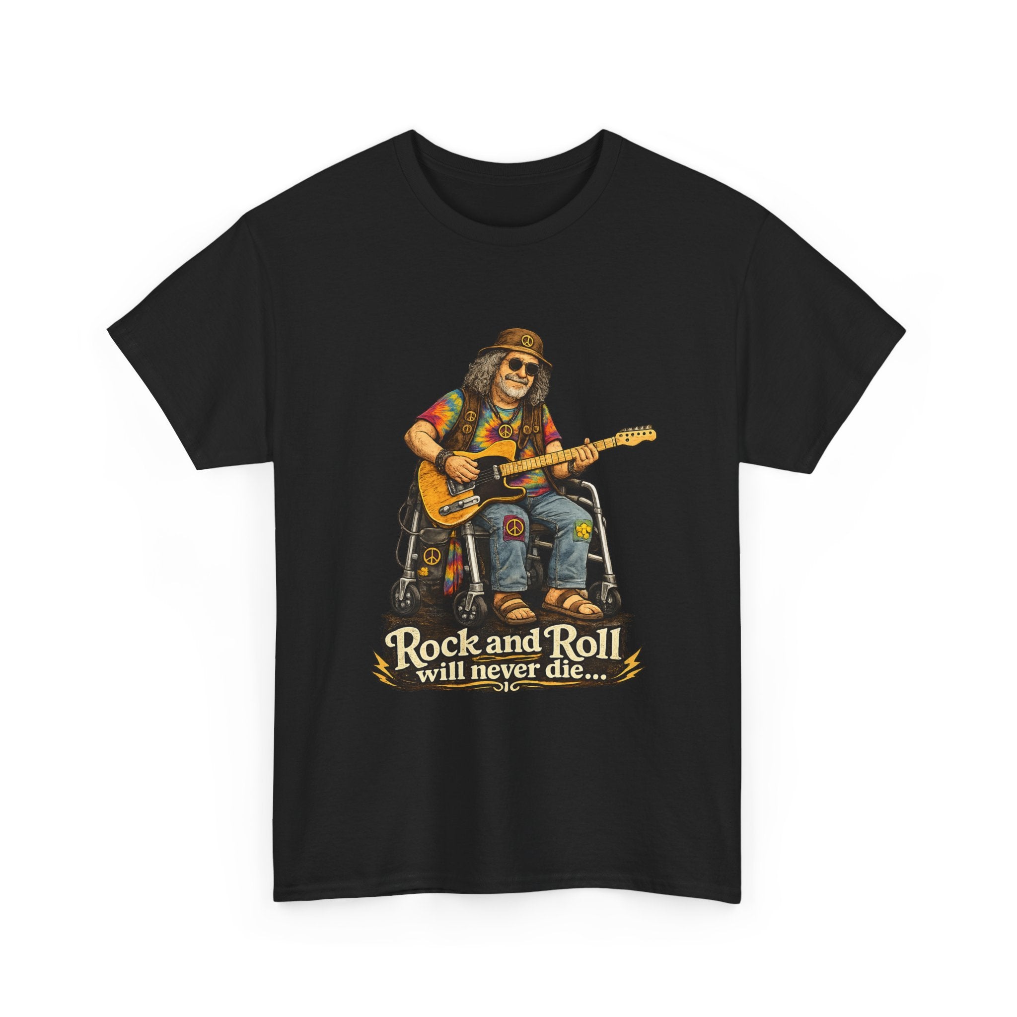 Rock and Roll Will Never Die T-Shirt — Vintage Guitarist Band Tee