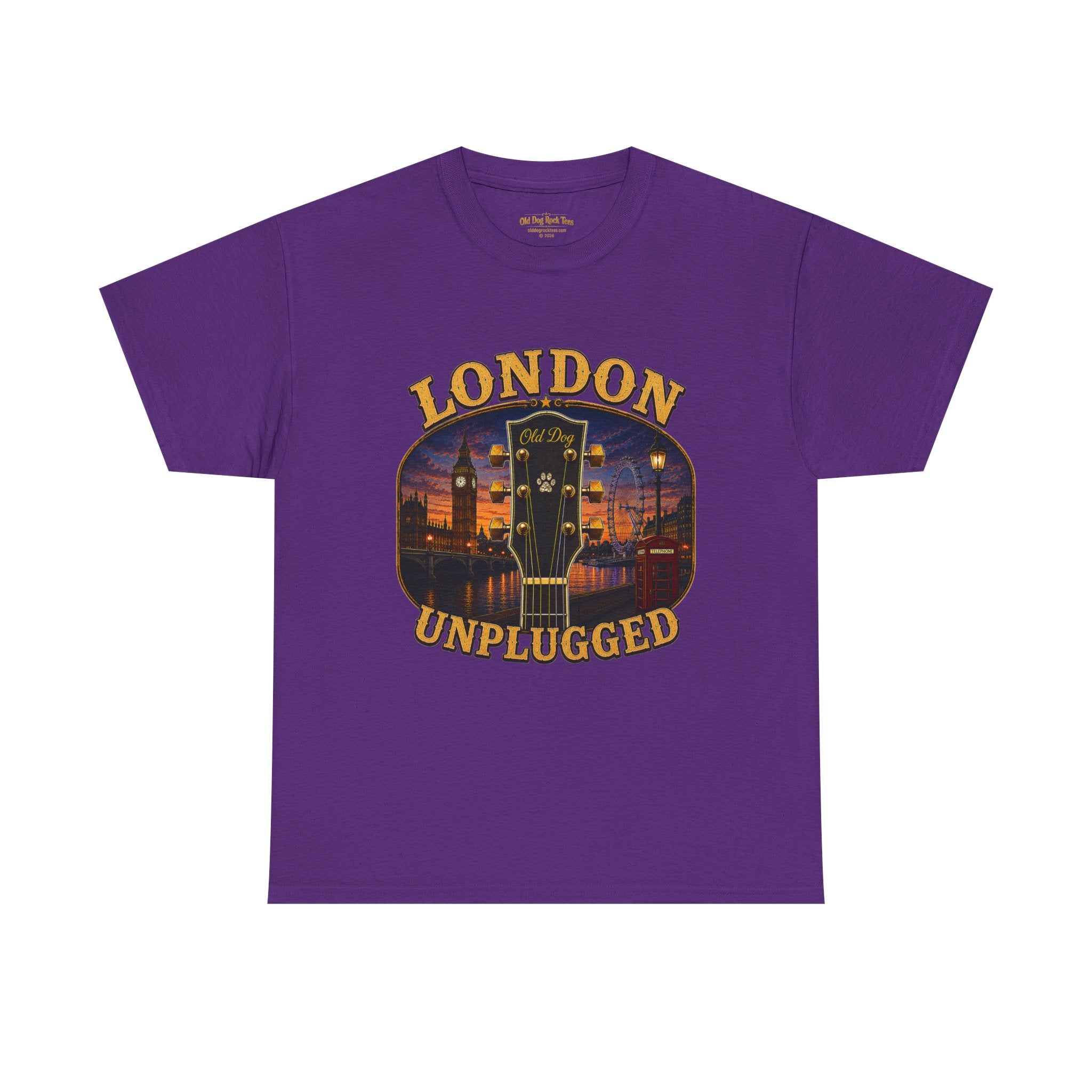 London Unplugged guitar graphic Tee | Big Ben skyline, acoustic music design